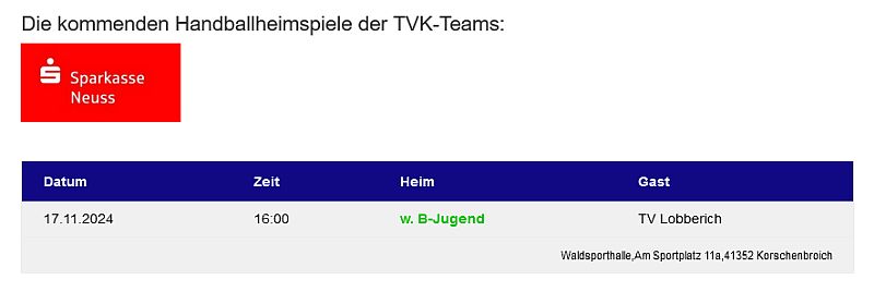 Die Handballheimspiele der TVK-Teams – nur eine Mannschaft zu Hause – Spitzenspiel der B-Mädchen