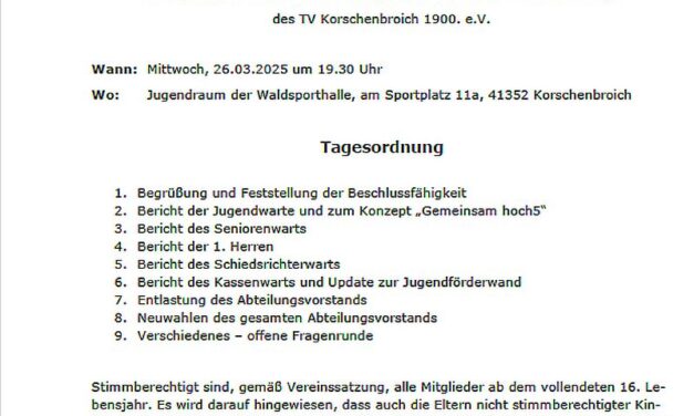 Mitgliederversammlung der Handballabteilung des TV Korschenbroich 1900 e.V. am 26. März 2025 um 19.30 Uhr