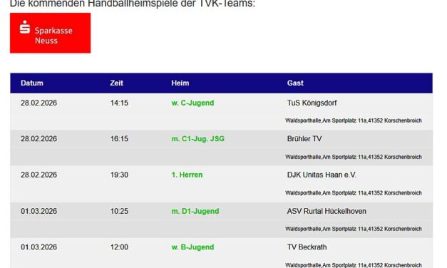 Die Handballheimspiele der TVK-Teams – 5 Mannschaften am Wochenende zu Hause – 1. Herren am Samstag gegen Unitas Haan